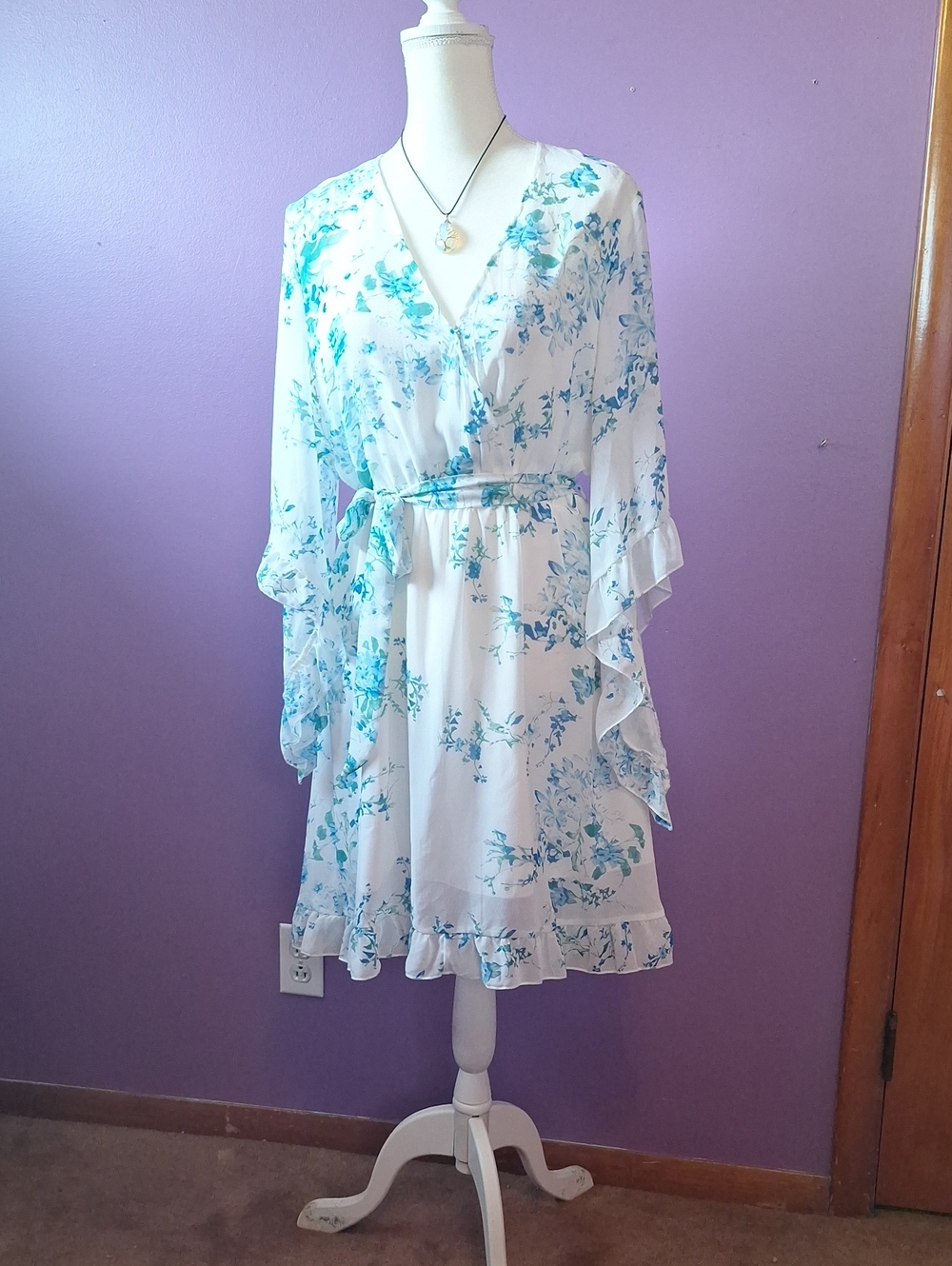 Wrap-Front Floral Midi Dress With Flutter Sleeves